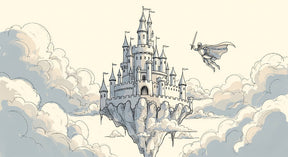 Detailed enchanted castle mural wallpaper design pattern with knight and floating fortress by Kids-Mundo