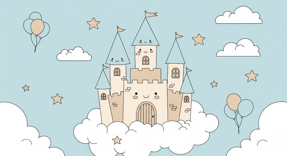Detailed castle cloud mural wallpaper design pattern with stars and balloons by Kids-Mundo