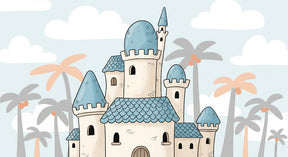 Detailed magical castle mural wallpaper design pattern with tropical palm trees by Kids-Mundo