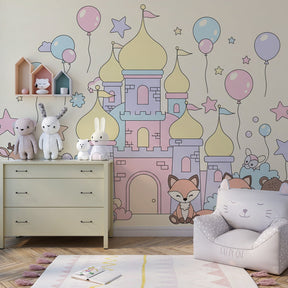 Whimsical castle mural wallpaper transforming children's room into magical kingdom