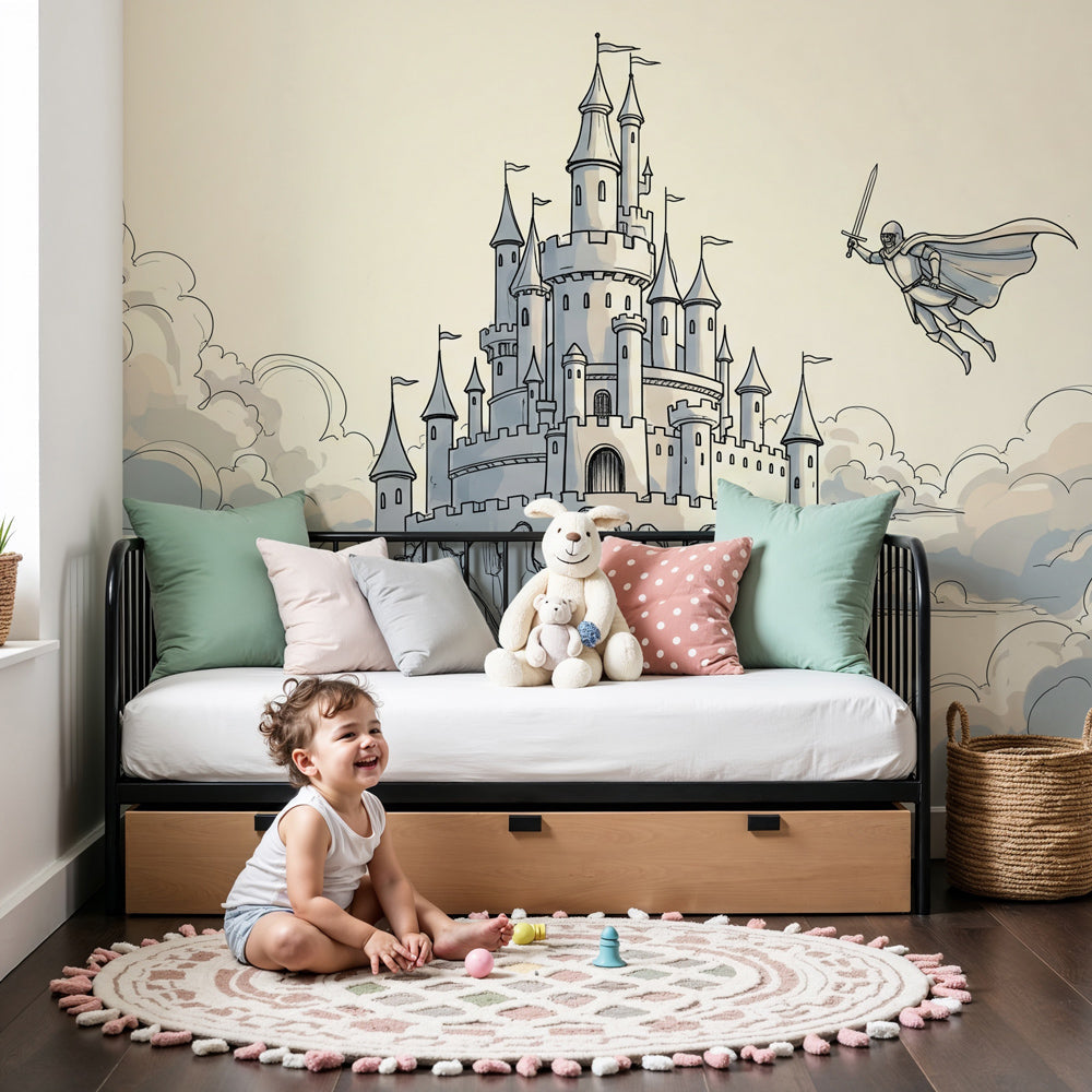 Enchanted castle mural wallpaper creating magical fairy tale atmosphere in kids bedroom by Kids-Mundo