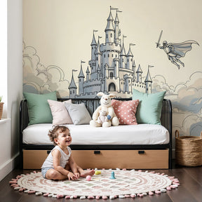 Enchanted castle mural wallpaper creating magical fairy tale atmosphere in kids bedroom by Kids-Mundo