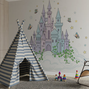 Castle cloud wallpaper creating fairy tale nursery atmosphere with soft pastel colors