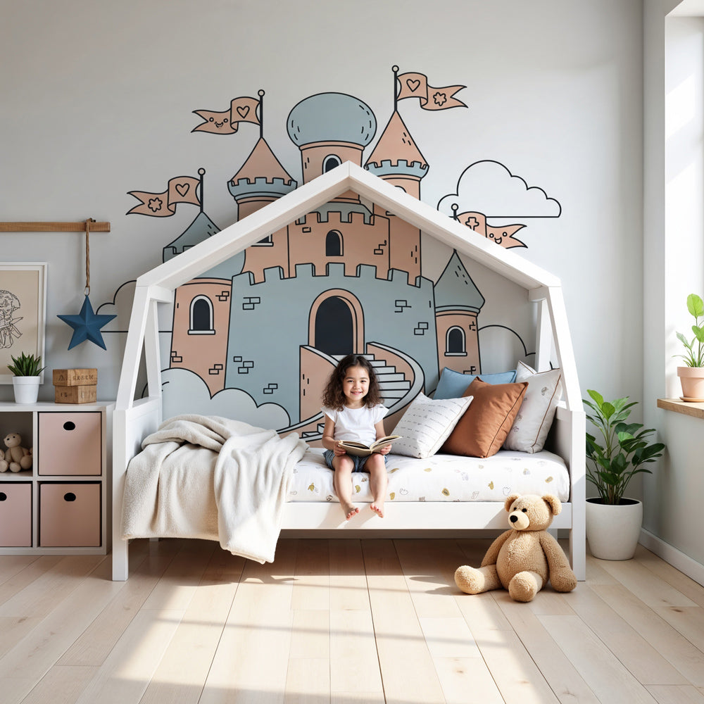 Enchanted castle mural wallpaper in soft pastels decorating a dreamy kids nursery by Kids-Mundo