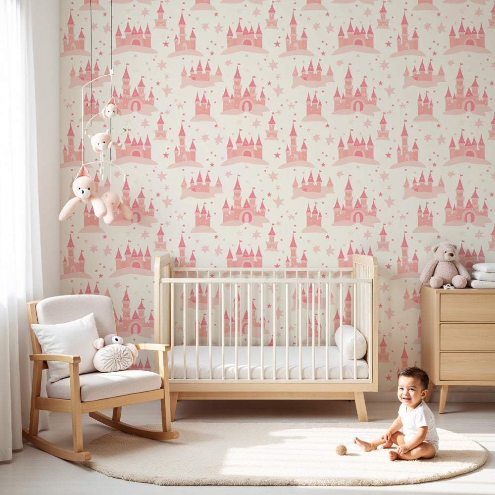 Pink castle mural wallpaper with sparkling stars in modern girls bedroom by Kids-Mundo