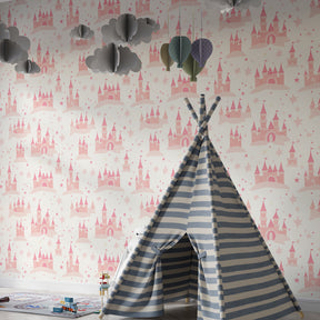 Enchanted castle mural wallpaper transforming children's playroom into fairy-tale kingdom