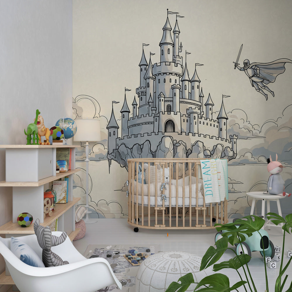 Fantasy castle mural wallpaper inspiring imaginative play in children's playroom with cloud details