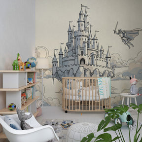 Fantasy castle mural wallpaper inspiring imaginative play in children's playroom with cloud details