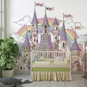 Rainbow castle mural wallpaper creating enchanted playroom atmosphere for imaginative play