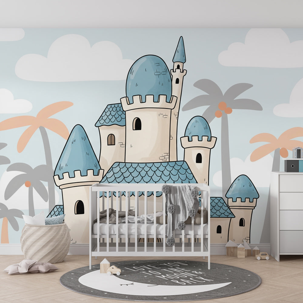 Tropical castle mural wallpaper for children's room featuring blue towers and palm trees by Kids-Mundo
