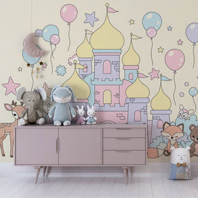 Castle wallpaper creating fairy-tale kids bedroom with woodland creatures and balloons