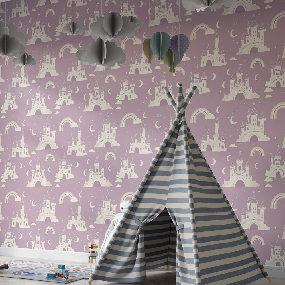 Enchanted castle wallpaper transforming children's bedroom into magical kingdom space