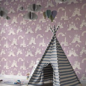 Enchanted castle wallpaper transforming children's bedroom into magical kingdom space