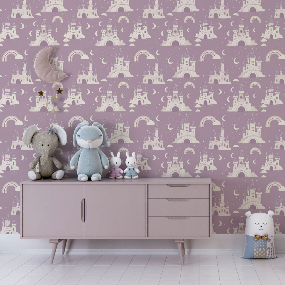 Fairytale castle rainbow wallpaper inspiring creative play in kids room by Kids-Mundo