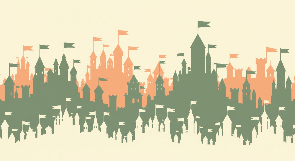 Kids-Mundo flat artwork of a terracotta and sage castle skyline silhouette pattern.