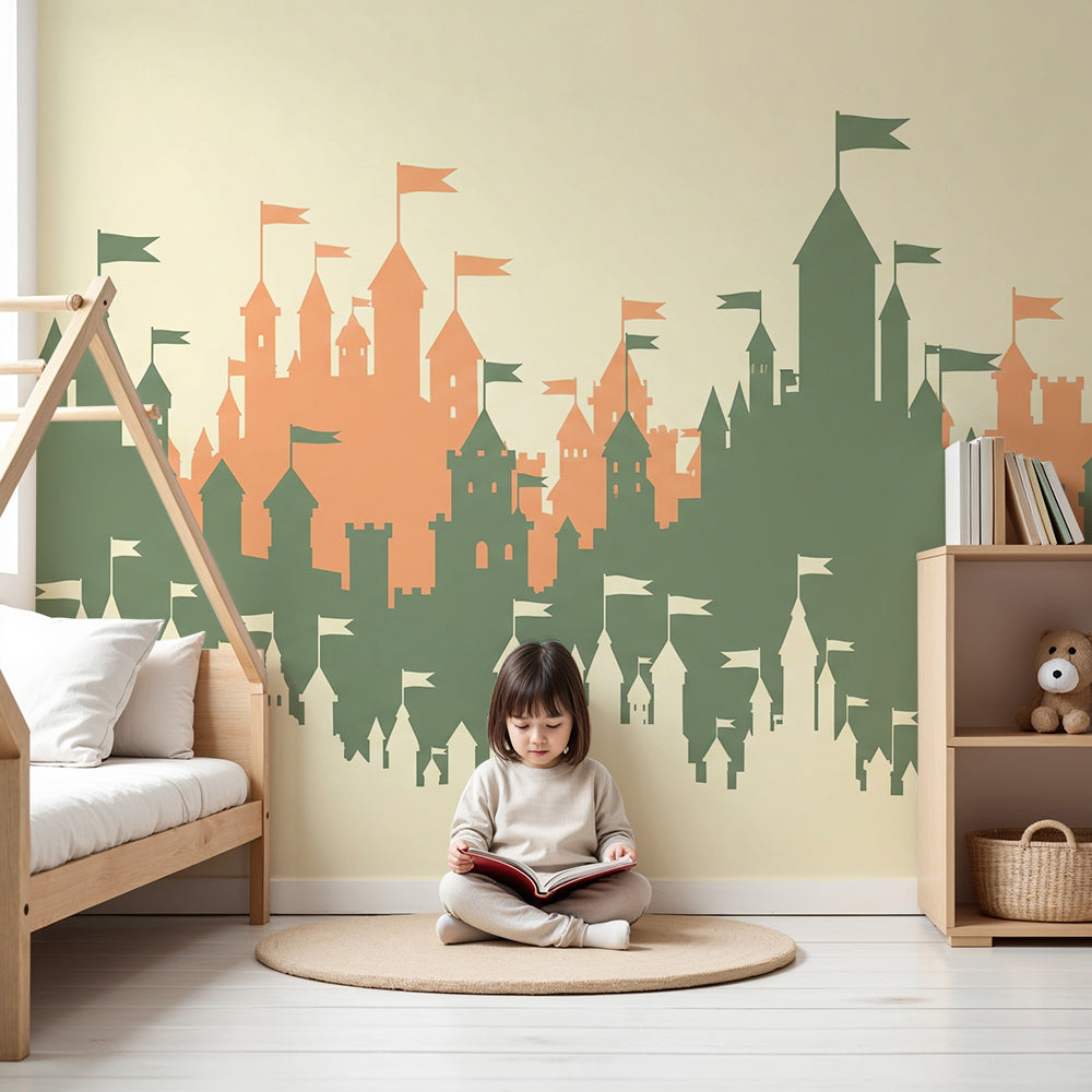Kids-Mundo castle skyline silhouette wall mural styled in a modern, calm nursery.