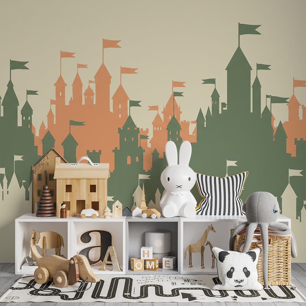 Kids-Mundo castle skyline silhouette wall mural adding graphic style to a playroom.