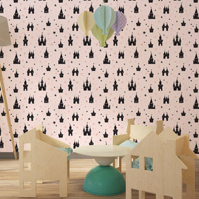 Fairytale castle mural wallpaper with twinkling stars for dreamy kids room by Kids-Mundo