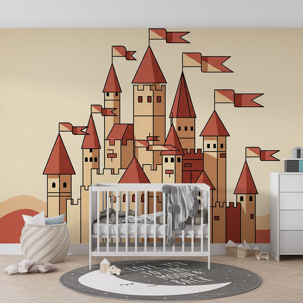 Kids-Mundo medieval castle mural with flying flags on a child's bedroom wall.