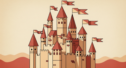 Kids-Mundo flat artwork of a beige medieval castle with rows of flying flags.
