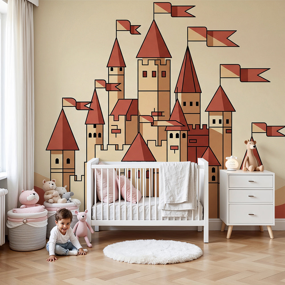 Kids-Mundo medieval castle wall mural with flags styled in a warm, cosy nursery.