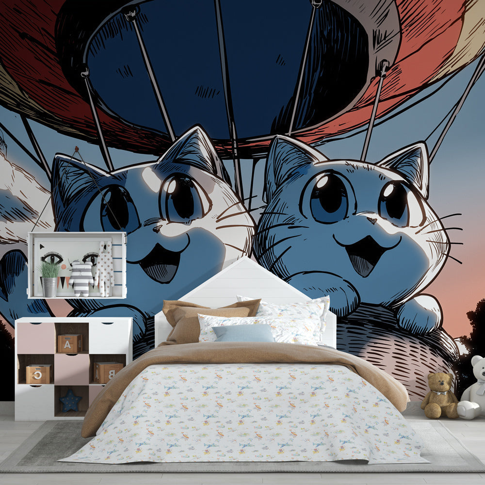 Sky adventure cat mural wallpaper transforming kids playroom into dreamy space