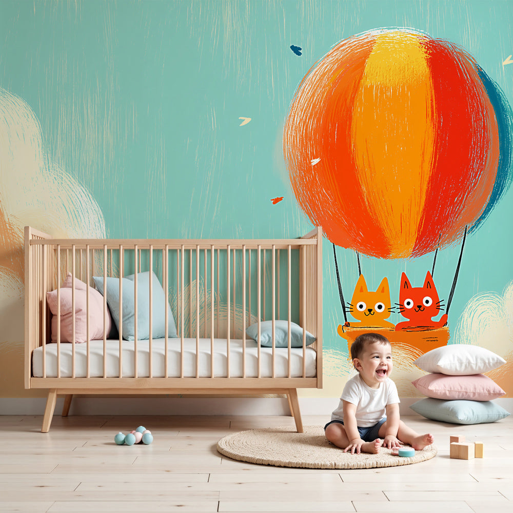 Cat balloon mural wallpaper creating dreamy sky adventure atmosphere in modern nursery by Kids-Mundo