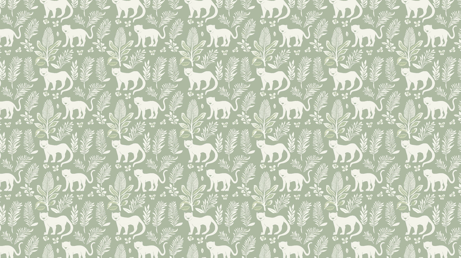 Detailed cat and foliage mural wallpaper design pattern with white cats on pale green background by Kids-Mundo