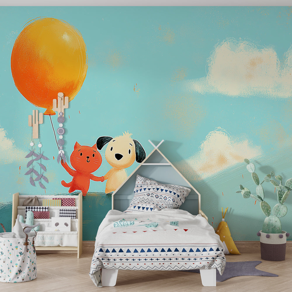 Animal friendship wallpaper creating cozy kids bedroom atmosphere with playful characters
