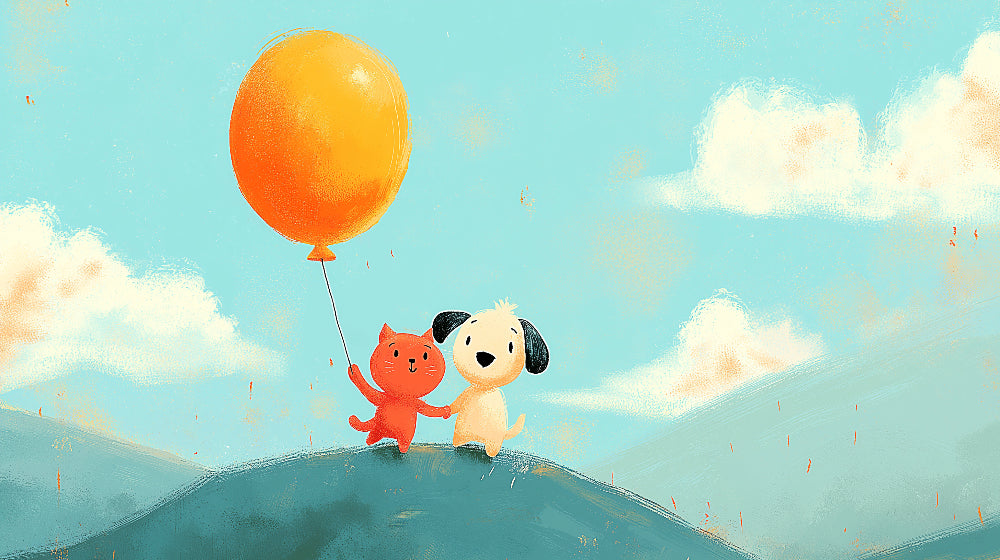 Cat dog friendship mural wallpaper design pattern with orange balloon and sky details by Kids-Mundo