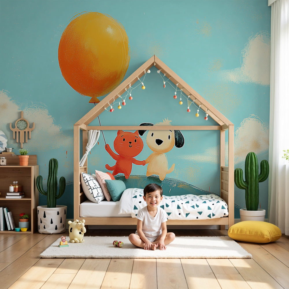 Cat dog friendship mural wallpaper in modern nursery with soft blue tones by Kids-Mundo