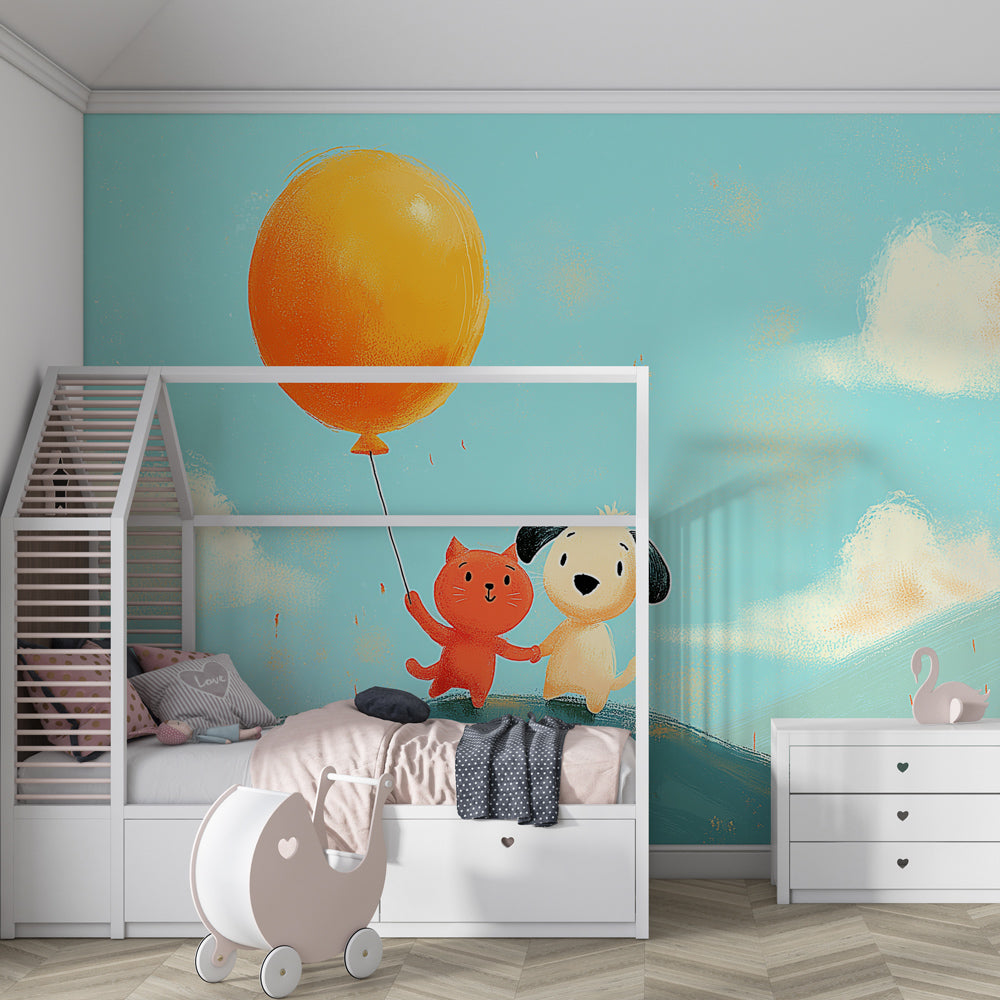 Heartwarming cat dog mural wallpaper decorating cheerful toddler room space by Kids-Mundo