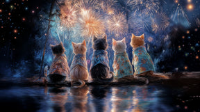 Detailed cat fireworks mural wallpaper design pattern showing five cats watching starry celebration by Kids-Mundo