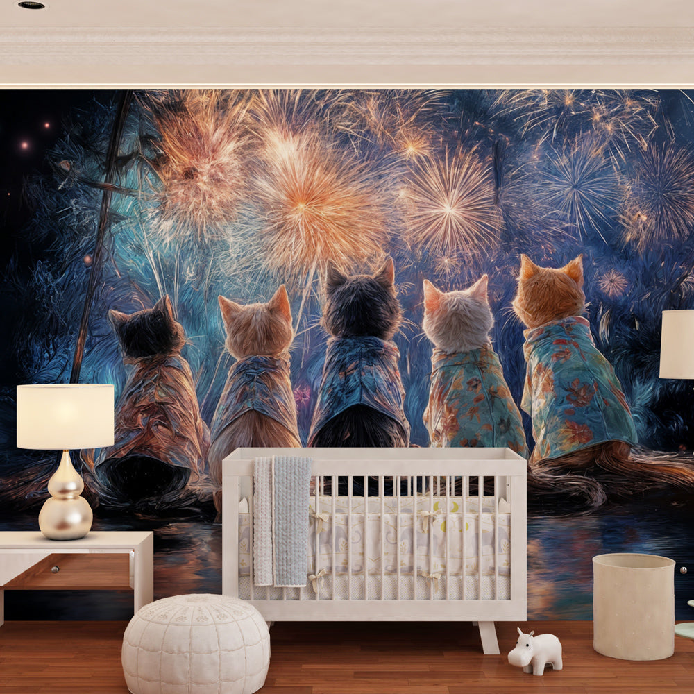 Celestial cat fireworks mural wallpaper transforming kids playroom with colorful night sky scene