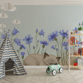 Blue flower cat wallpaper creating serene atmosphere in children's bedroom decor