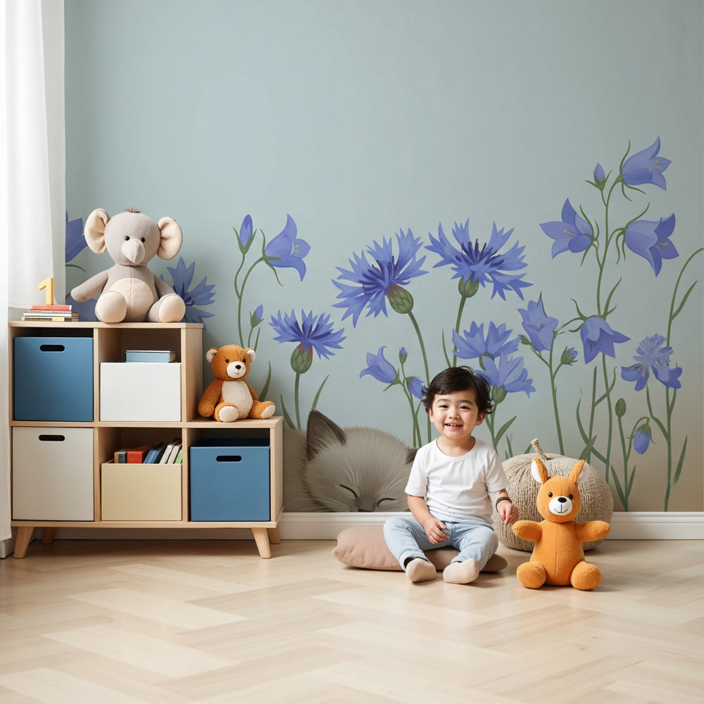 Cat floral mural wallpaper with sleeping kitten in peaceful nursery setting by Kids-Mundo