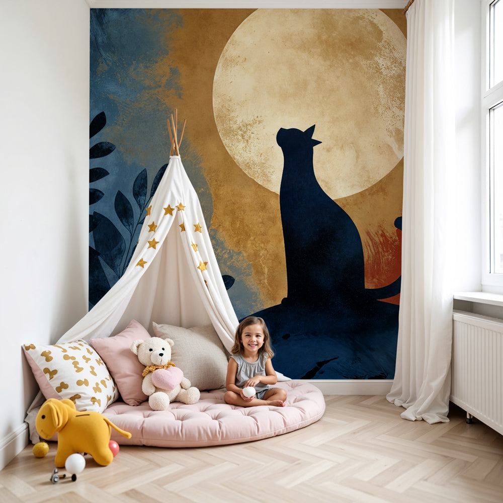 Cat moon mural wallpaper creating mystical atmosphere in modern children's bedroom by Kids-Mundo