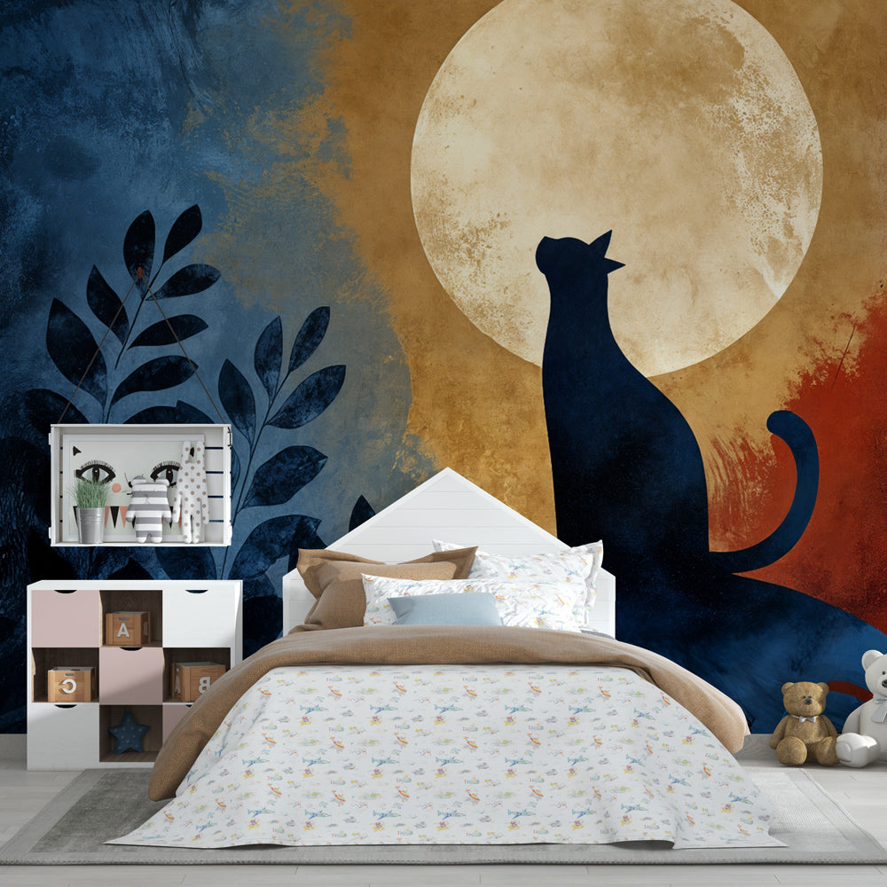 Feline silhouette wallpaper with full moon design in serene blue nursery decor setting