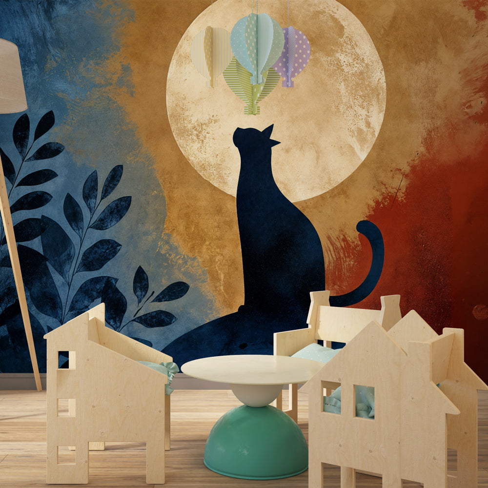 Mystical cat and moon wallpaper transforming kids reading corner with dreamy nighttime scene