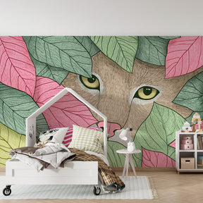 Hidden cat wallpaper creating playful atmosphere in kids bedroom with natural decor