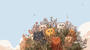 Detailed cat mural wallpaper design pattern showing hidden kittens in garden foliage