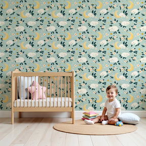 Dreamy cat mural wallpaper with stars and moons in modern kids bedroom by Kids-Mundo