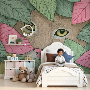 Cat face mural wallpaper with colorful foliage in modern nursery room by Kids-Mundo