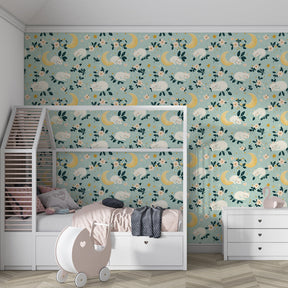 Peaceful cat wallpaper creating serene nursery atmosphere with blue tones and celestial motifs