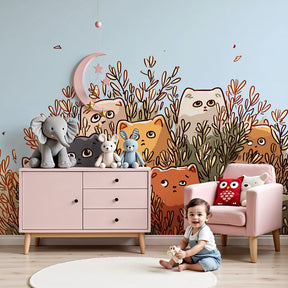 Cat mural wallpaper with hidden kittens creating magical nursery decor by Kids-Mundo