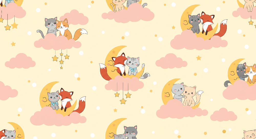 Dreamy Cats and Foxes on Clouds Wall Mural