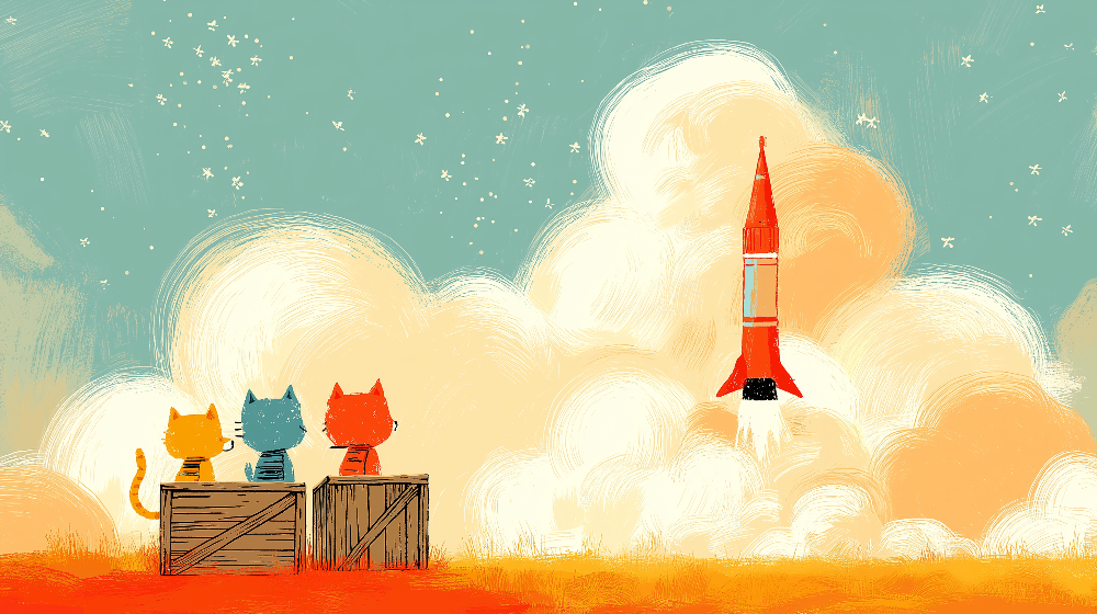 Kids-Mundo flat artwork of three cats watching a rocket launch, ready for made-to-measure wall murals.