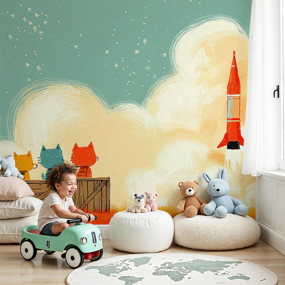 Kids-Mundo rocket launch cat wall mural styled as made-to-measure wallpaper in a playful baby's nursery.