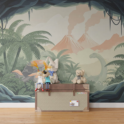 Kids-Mundo cave opening dinosaur mural on a feature wall in a calm kids bedroom