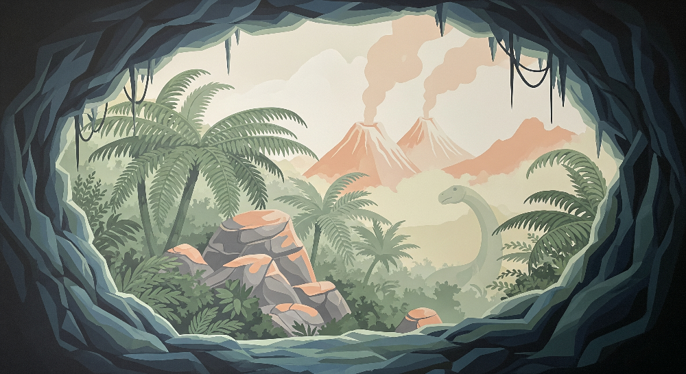 Kids-Mundo flat artwork of the cave opening misty volcano dinosaur mural design